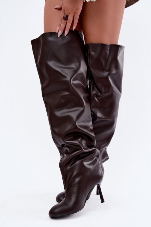 Damenstiefel bis zum Knie mit dünnen Absätzen in Schokoladenfarbe Galena