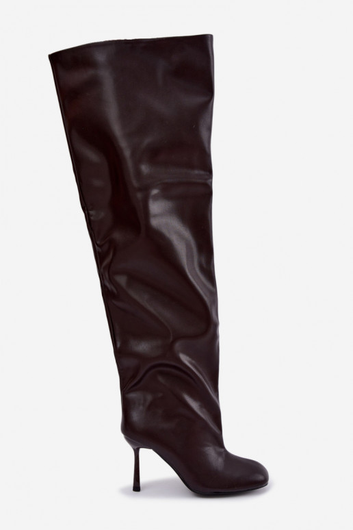 Damenstiefel bis zum Knie mit dünnen Absätzen in Schokoladenfarbe Galena