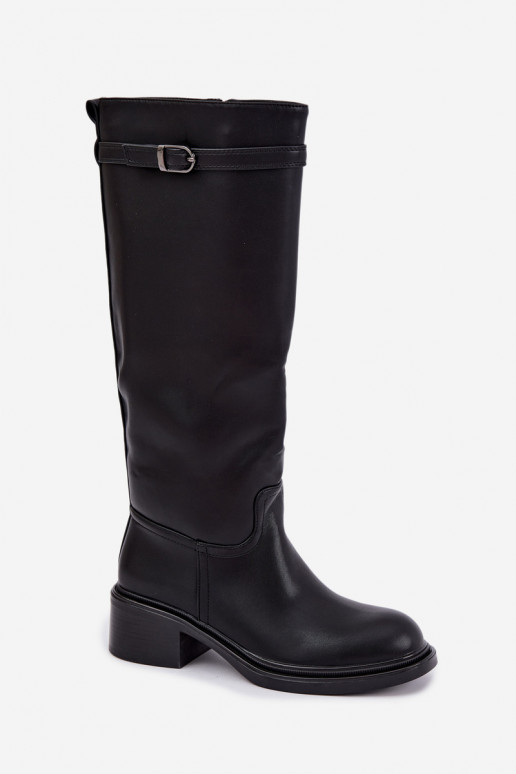 Damenstiefel mit niedrigem Absatz bis zum Knie mit Schnallen in schwarzer Farbe Orlisa