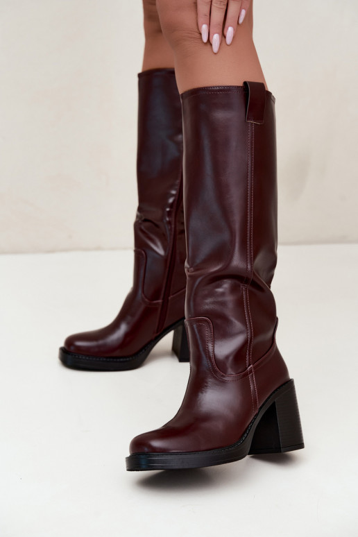 gefütterte Damenstiefel bis zum Knie mit Absätzen in Bordeauxfarbe Feresa