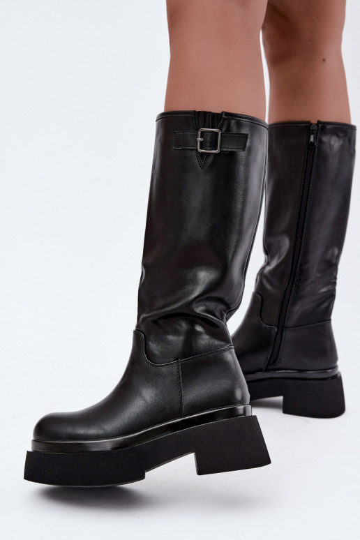 Damenstiefel bis zum Knie mit Plattform und Schnallen in schwarzer Farbe Fenley