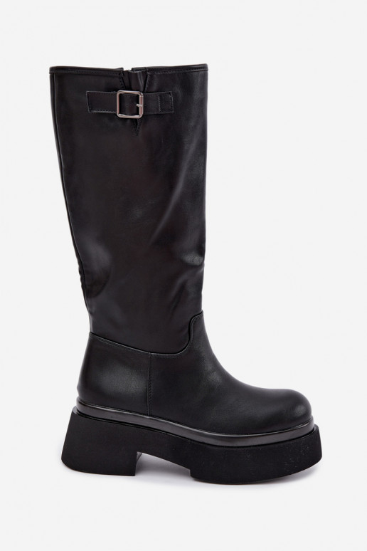 Damenstiefel bis zum Knie mit Plattform und Schnallen in schwarzer Farbe Fenley