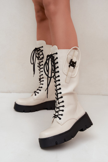 gefütterte Damenstiefel bis zum Knie mit Schnürsenkeln und Plattform in Sandfarbe Galvia 2