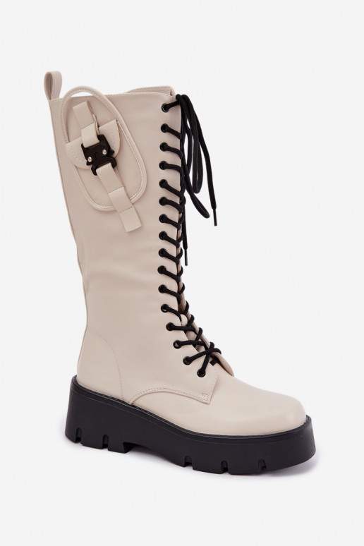 gefütterte Damenstiefel bis zum Knie mit Schnürsenkeln und Plattform in Sandfarbe Galvia