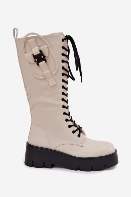 gefütterte Damenstiefel bis zum Knie mit Schnürsenkeln und Plattform in Sandfarbe Galvia