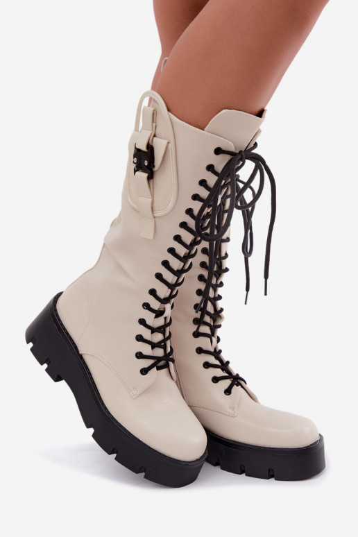 gefütterte Damenstiefel bis zum Knie mit Schnürsenkeln und Plattform in Sandfarbe Galvia