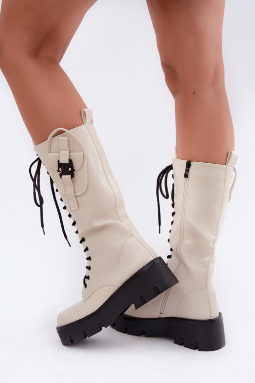 gefütterte Damenstiefel bis zum Knie mit Schnürsenkeln und Plattform in Sandfarbe Galvia