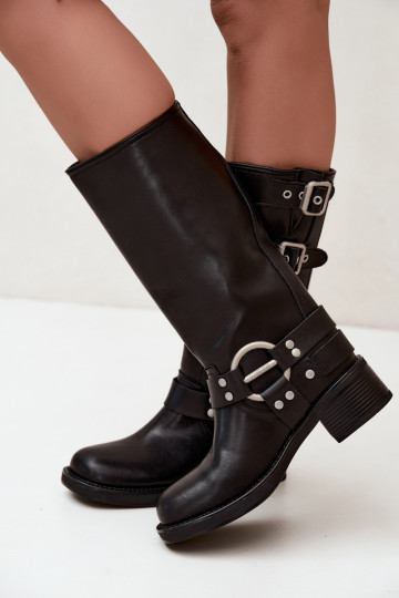 Big Star schwarze lange Lederstiefel mit flachem Absatz und Schnallen 2
