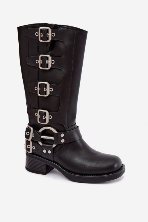 Big Star schwarze lange Lederstiefel mit flachem Absatz und Schnallen