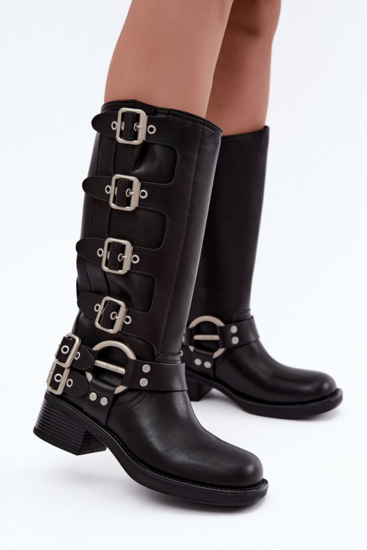 Big Star schwarze lange Lederstiefel mit flachem Absatz und Schnallen