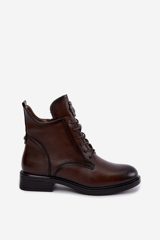 Leonise gefütterte schokoladenbraune Stiefeletten mit breiten Absätzen und Ornamenten