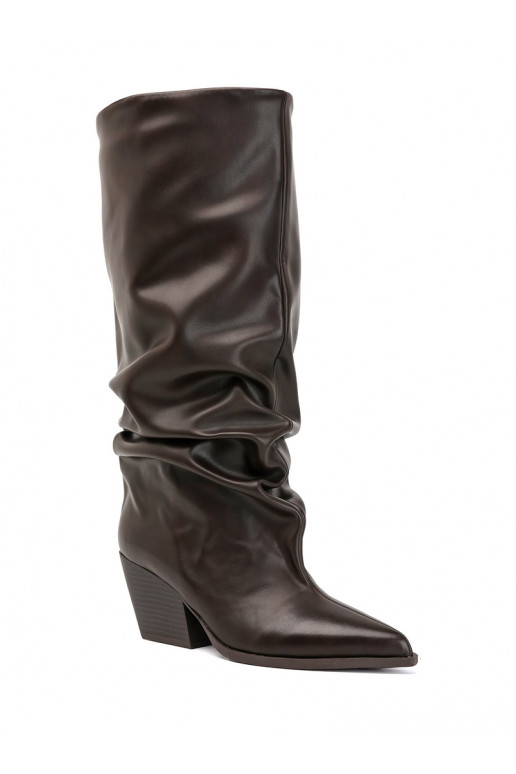 Damen kniehohe Stiefel mit gebogenem Obermaterial und Absätzen in Schokoladenfarbe Durela