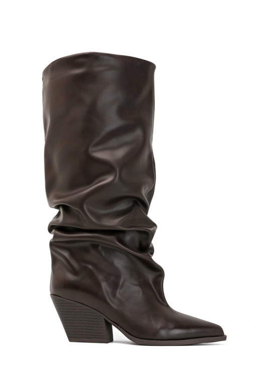 Damen kniehohe Stiefel mit gebogenem Obermaterial und Absätzen in Schokoladenfarbe Durela