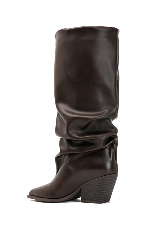 Damen kniehohe Stiefel mit gebogenem Obermaterial und Absätzen in Schokoladenfarbe Durela