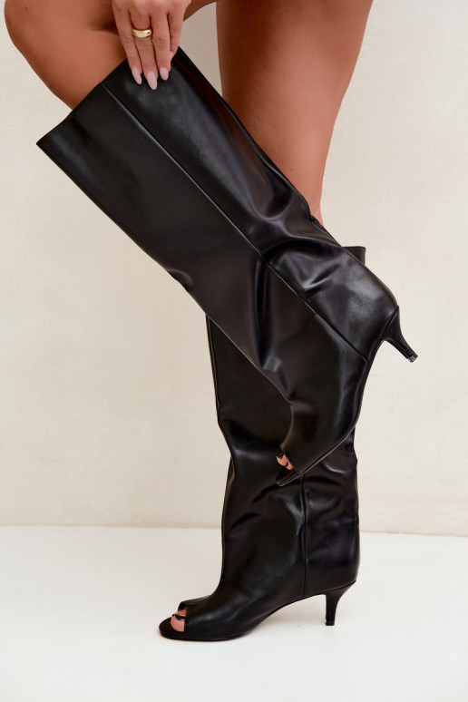Stiefel mit offenen Zehen auf schmalem Absatz aus schwarzem Kunstleder Velise