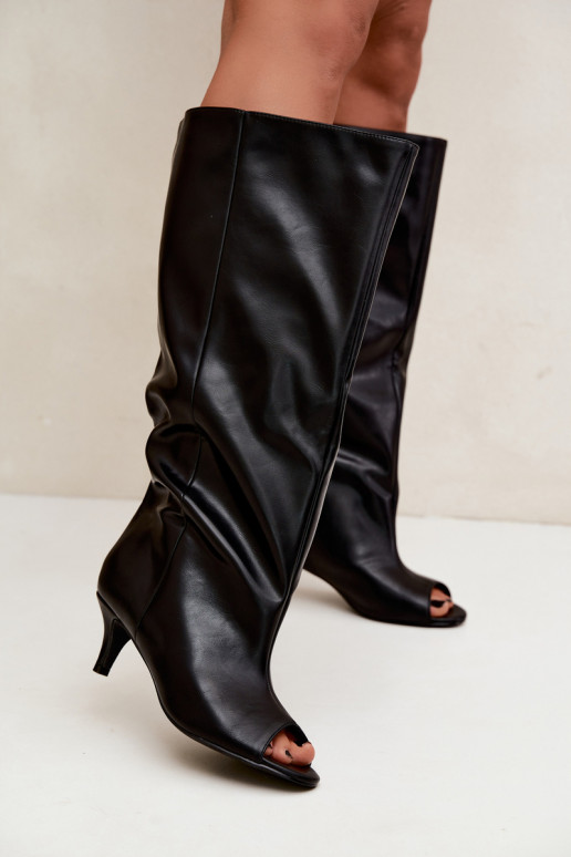 Stiefel mit offenen Zehen auf schmalem Absatz aus schwarzem Kunstleder Velise