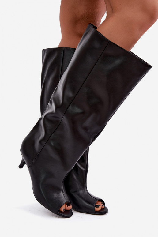 Stiefel mit offenen Zehen auf schmalem Absatz aus schwarzem Kunstleder Velise