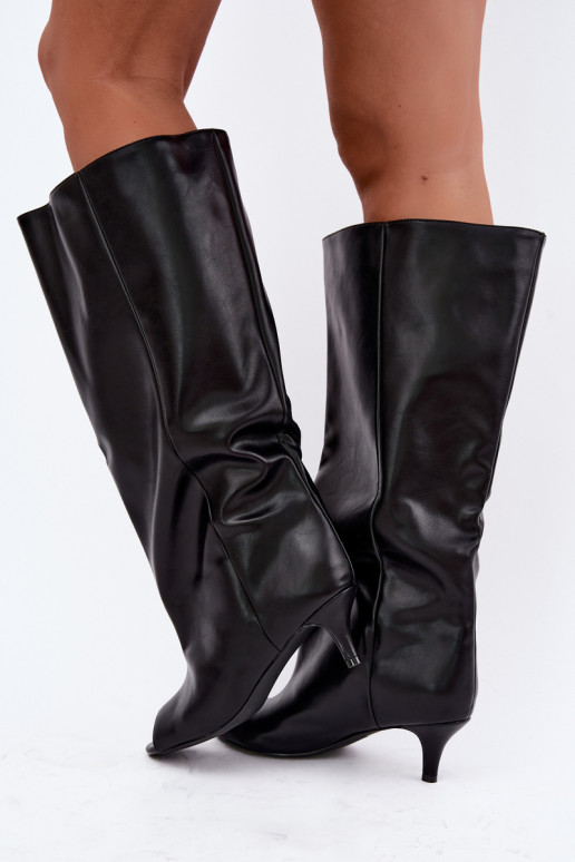 Stiefel mit offenen Zehen auf schmalem Absatz aus schwarzem Kunstleder Velise