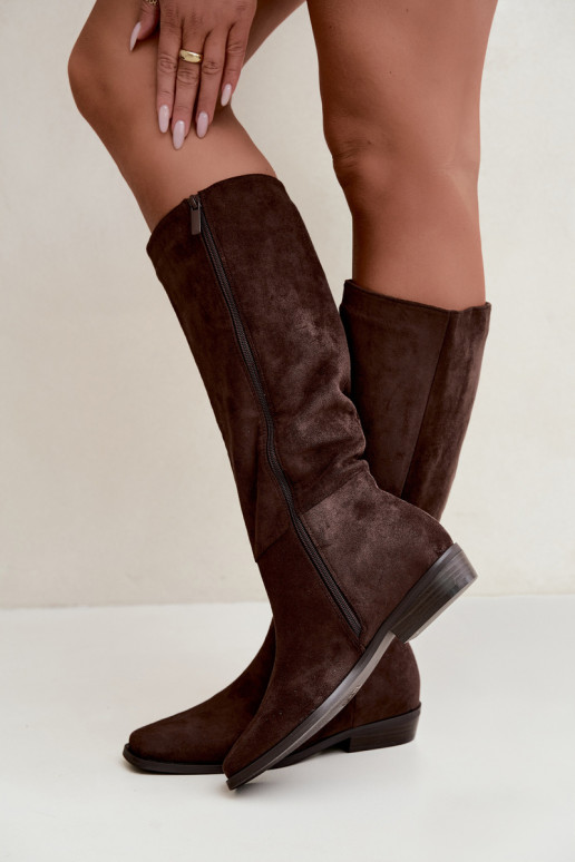 Damen lange Stiefel auf niedrigem Absatz in Schokolade Feretta