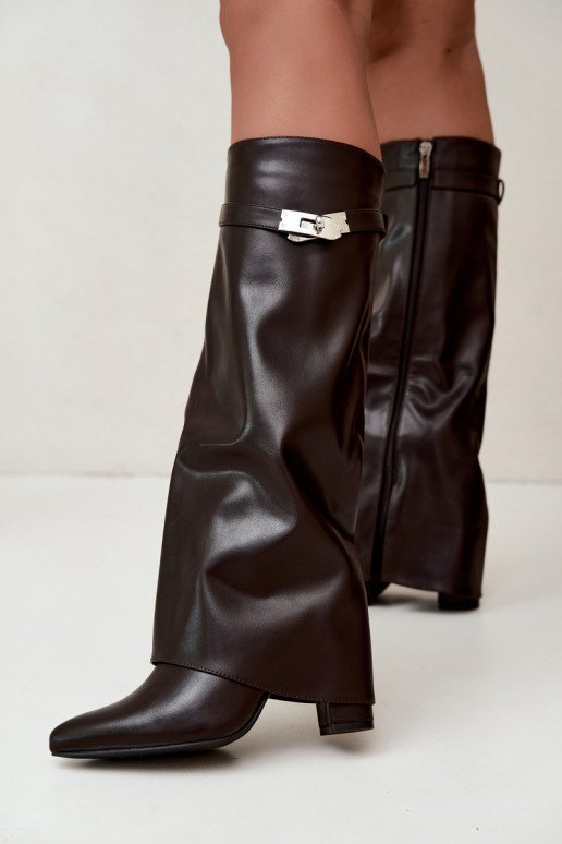 Wärmende Damenstiefel mit genähtem Schaft und Absätzen schokoladenbraun Salia