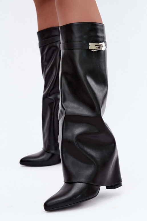 Wärmende Damenstiefel mit genähtem Schaft und Absätzen schwarz Salia