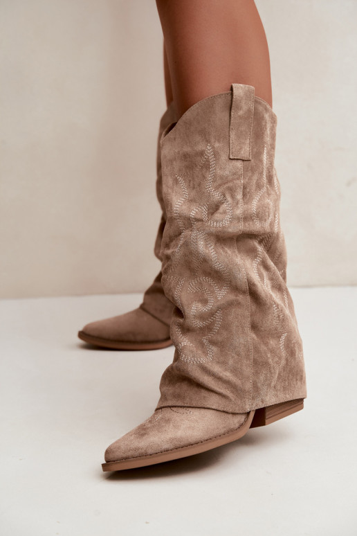 Falten cowboy-stil kniehohe Stiefel mit Absätzen und genähtem Schaft sandfarben Ives