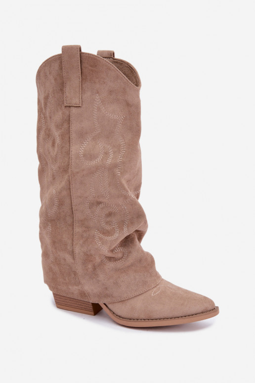 Falten cowboy-stil kniehohe Stiefel mit Absätzen und genähtem Schaft sandfarben Ives