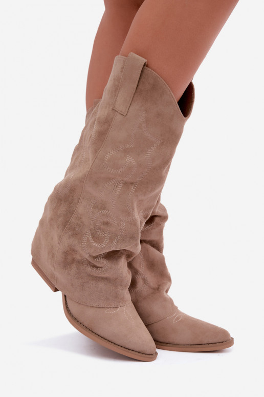 Falten cowboy-stil kniehohe Stiefel mit Absätzen und genähtem Schaft sandfarben Ives
