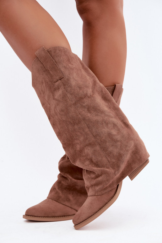 Falten cowboy-stil kniehohe Stiefel mit Absätzen und genähtem Schaft braun Ives