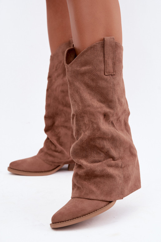Falten cowboy-stil kniehohe Stiefel mit Absätzen und genähtem Schaft braun Ives