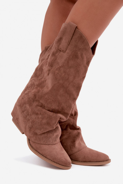 Falten cowboy-stil kniehohe Stiefel mit Absätzen und genähtem Schaft braun Ives