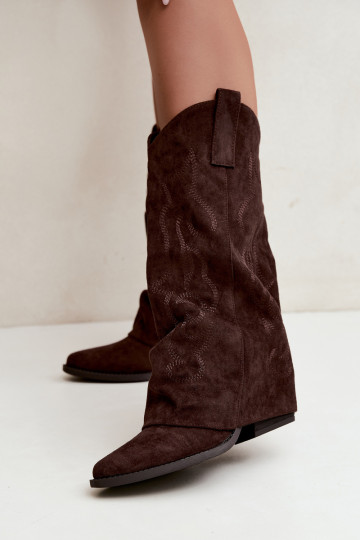 Falten cowboy-stil kniehohe Stiefel mit Absätzen und genähtem Schaft schokoladenbraun Ives 2