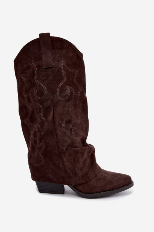 Falten cowboy-stil kniehohe Stiefel mit Absätzen und genähtem Schaft schokoladenbraun Ives