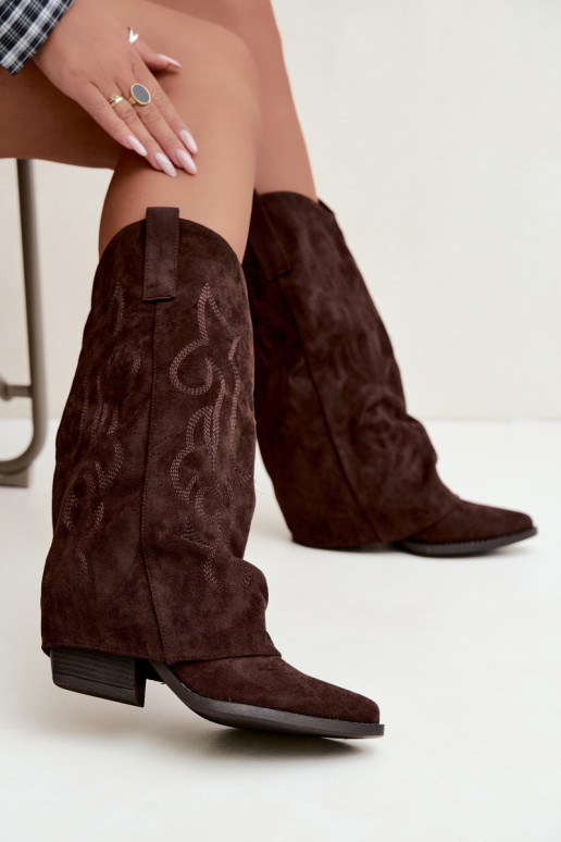 Falten cowboy-stil kniehohe Stiefel mit Absätzen und genähtem Schaft schokoladenbraun Ives