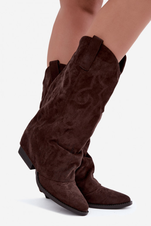 Falten cowboy-stil kniehohe Stiefel mit Absätzen und genähtem Schaft schokoladenbraun Ives