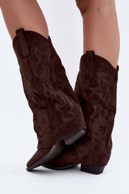 Falten cowboy-stil kniehohe Stiefel mit Absätzen und genähtem Schaft schokoladenbraun Ives
