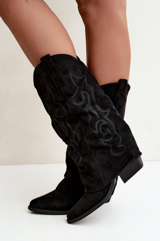 Falten cowboy-stil kniehohe Stiefel mit Absätzen und genähtem Schaft schwarz Ives