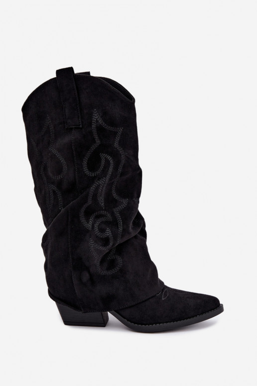 Falten cowboy-stil kniehohe Stiefel mit Absätzen und genähtem Schaft schwarz Ives