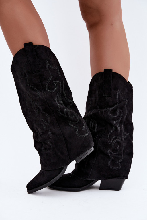 Falten cowboy-stil kniehohe Stiefel mit Absätzen und genähtem Schaft schwarz Ives