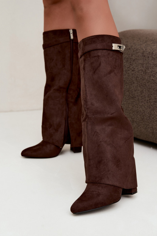 Wärmende Damenstiefel mit genähtem Schaft und Absätzen schokoladenbraun Salia