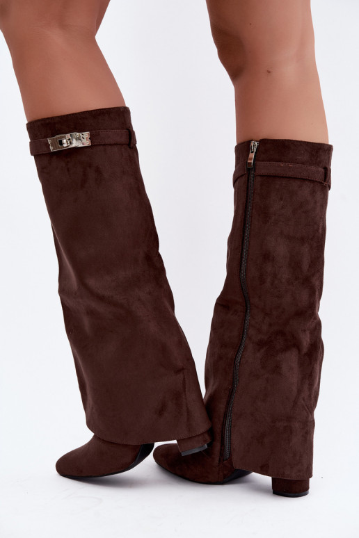 Wärmende Damenstiefel mit genähtem Schaft und Absätzen schokoladenbraun Salia
