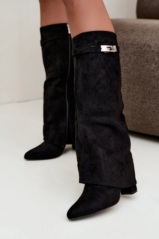 Wärmende Damenstiefel mit genähtem Schaft und Absätzen schwarz Salia