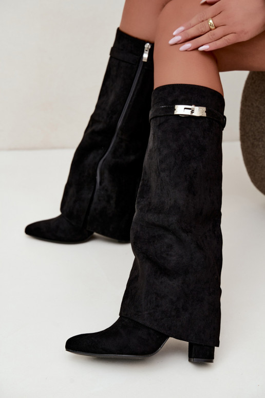 Wärmende Damenstiefel mit genähtem Schaft und Absätzen schwarz Salia