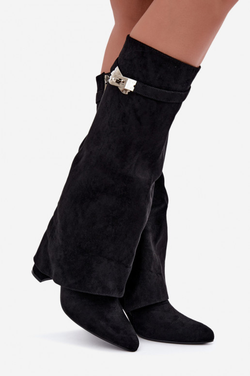 Wärmende Damenstiefel mit genähtem Schaft und Absätzen schwarz Salia