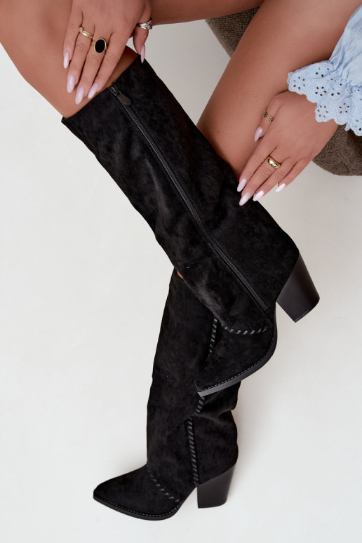 Damen-Kniehohe Cowboy-Stiefel mit Blockabsatz in Schwarz Noeline
