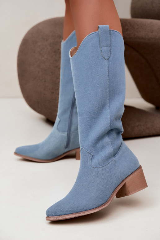 Damen-Kniehohe Cowboy-Stiefel mit Absatz aus Denim Zareya