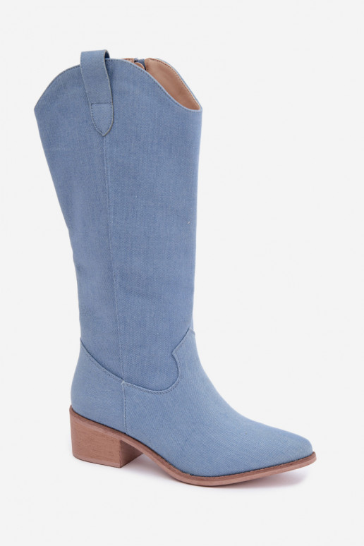 Damen-Kniehohe Cowboy-Stiefel mit Absatz aus Denim Zareya