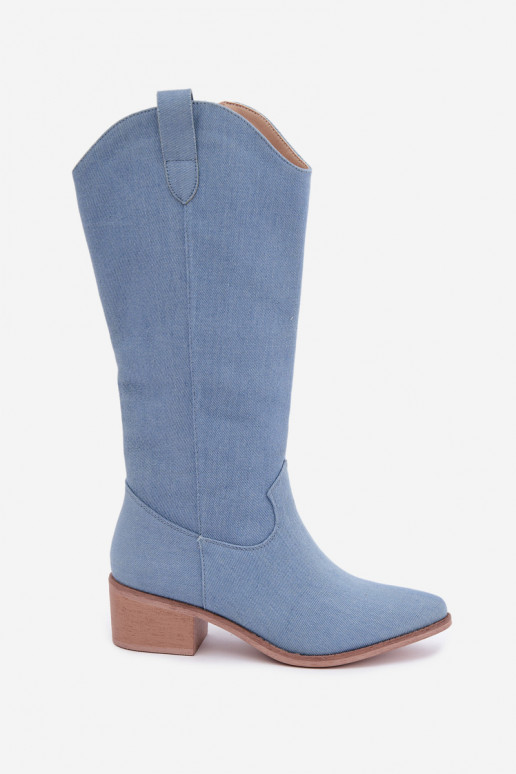 Damen-Kniehohe Cowboy-Stiefel mit Absatz aus Denim Zareya