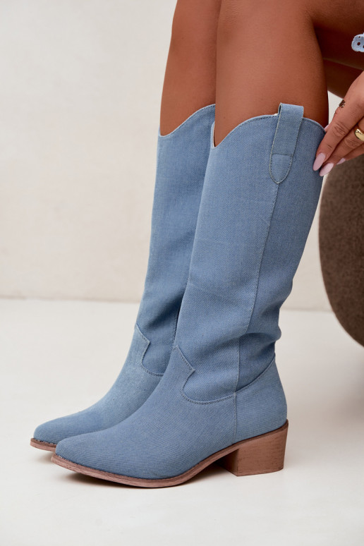 Damen-Kniehohe Cowboy-Stiefel mit Absatz aus Denim Zareya