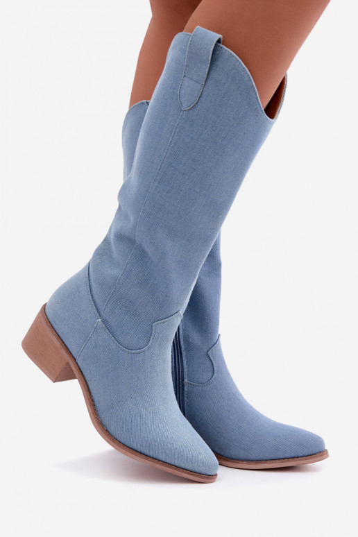 Damen-Kniehohe Cowboy-Stiefel mit Absatz aus Denim Zareya